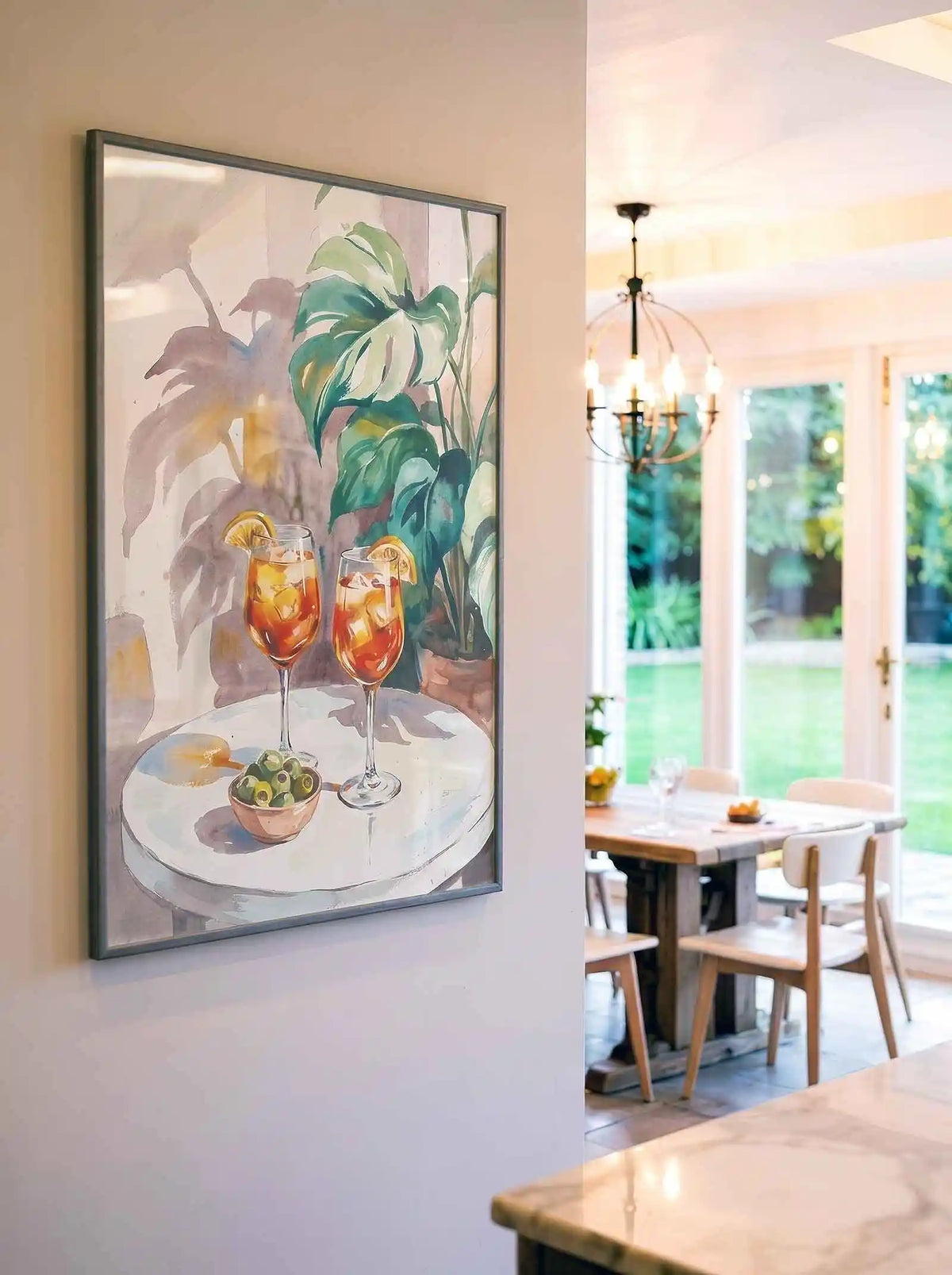 poster print displayed in modern interior featuring aperol and olives artwork with colourful italian summer aesthetic by After Hours Gallery