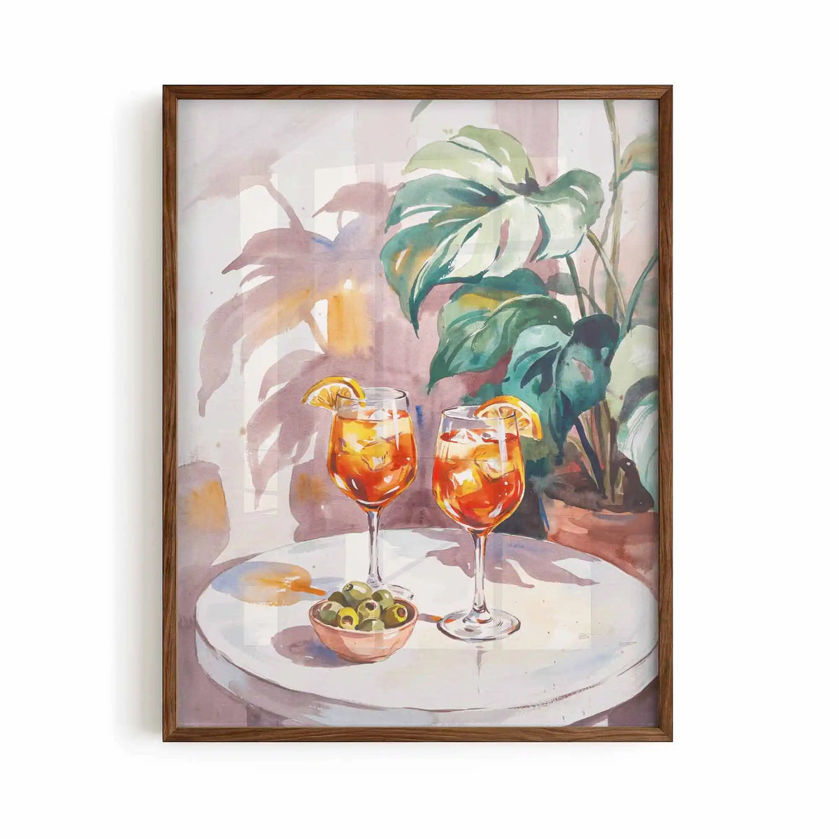 brown framed poster print featuring aperol and olives artwork with warm mediterranean colours and relaxed cocktail bar aesthetic by After Hours Gallery