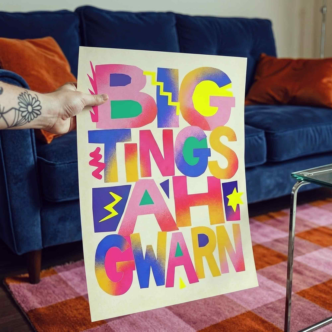Bold colourful typography wall art featuring ?Big Tings Ah Gwarn?. A vibrant maximalist statement print for modern homes and playful spaces.