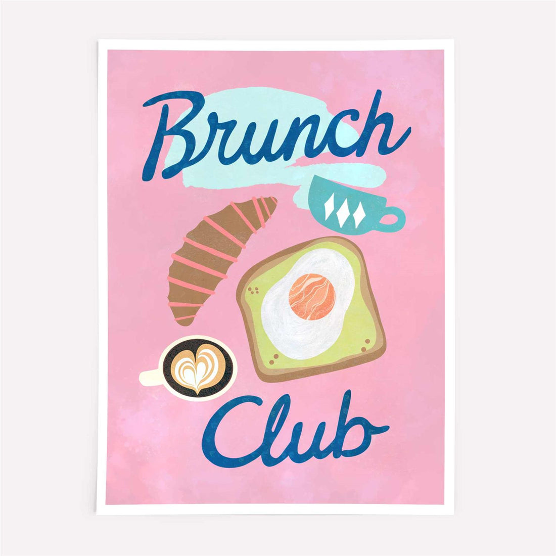 Framed artwork with 'Brunch Club' text and breakfast items on a pink background with black frame