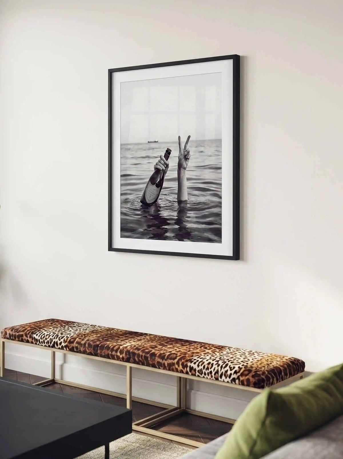 champagne peace sign girl in the sea luxury black and white aesthetic wall art print