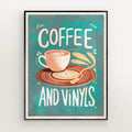 Framed poster with a coffee cup and vinyl record design on a teal background.