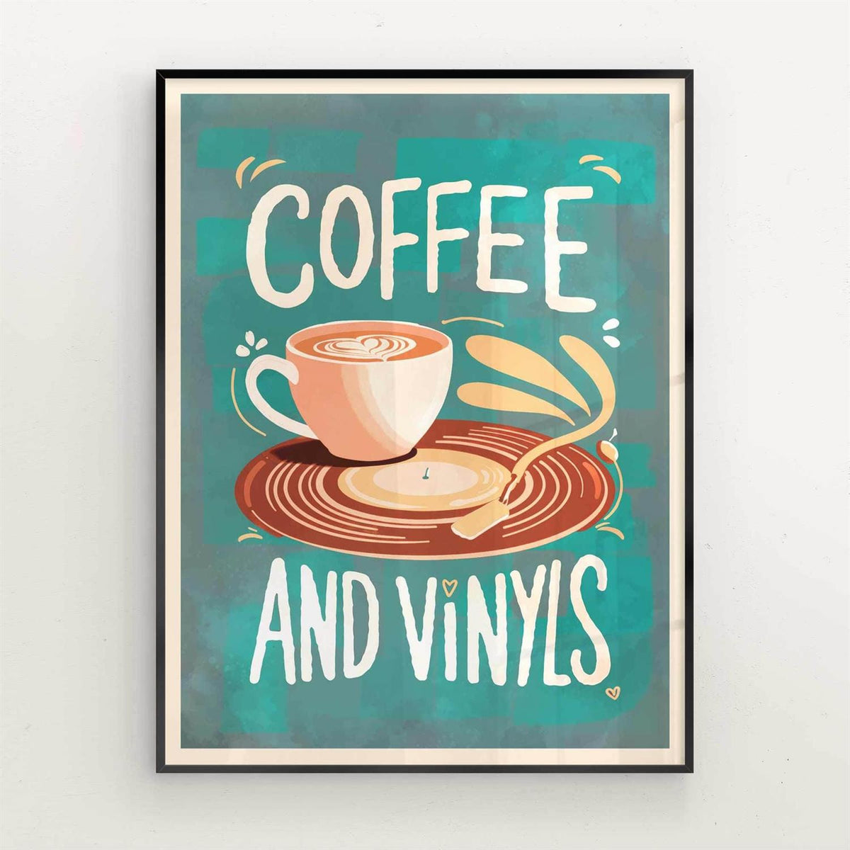 Framed poster with a coffee cup and vinyl record design on a teal background.
