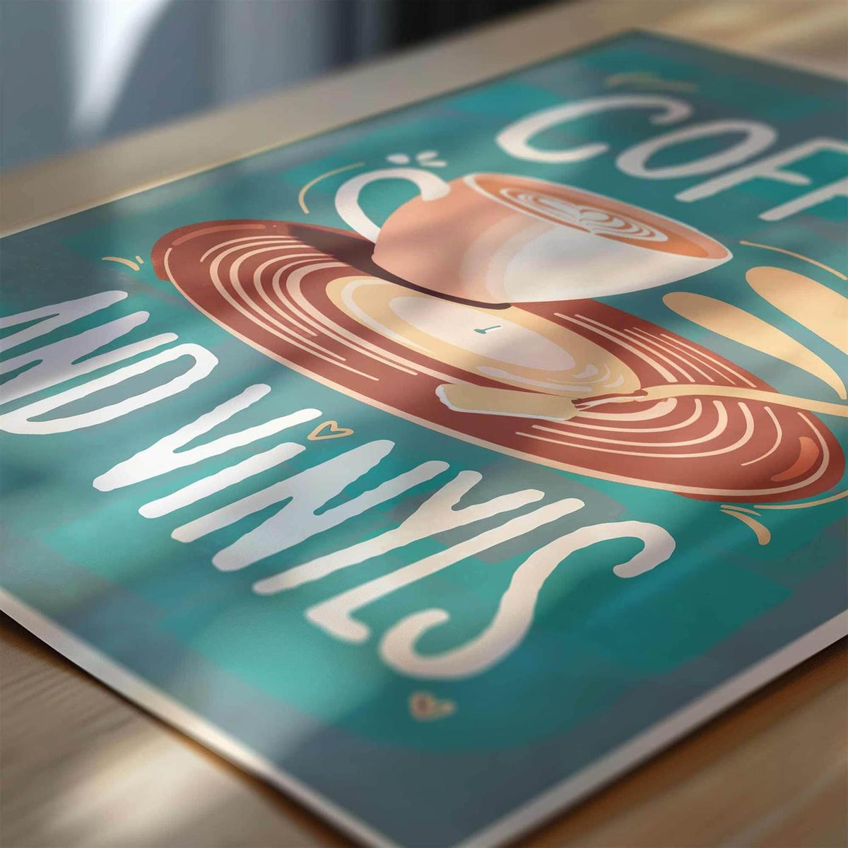 Poster with coffee cup and vinyl record design, text 'COFFEE AND VINYL', on a wooden surface.