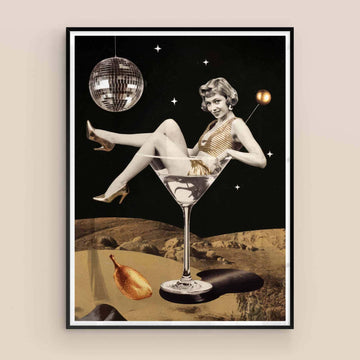 Cosmic chic collage framed print ? retro girl, celestial background, and psychedelic design.