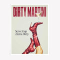 Dirty Martini poster with red boots and cocktail glass