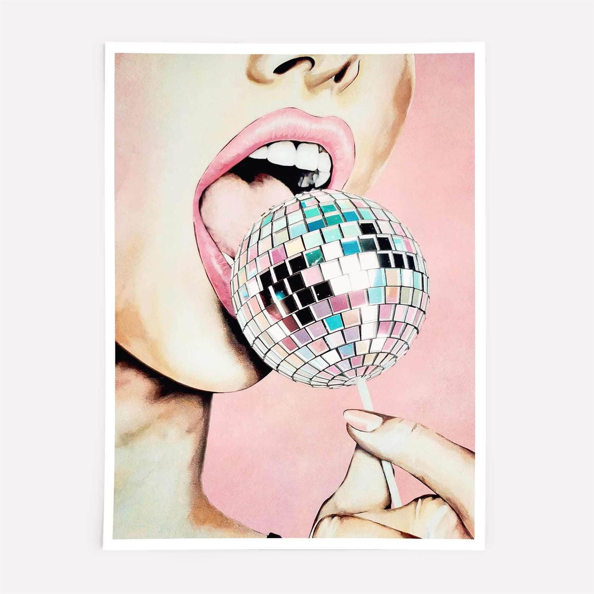 Artistic depiction of a person holding a disco ball with a pink background and print only