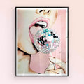 Framed artwork of a person's mouth with a disco ball against a pink black frame background 