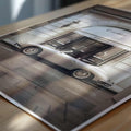Close-up of a book with a car illustration on a wooden surface with print only
