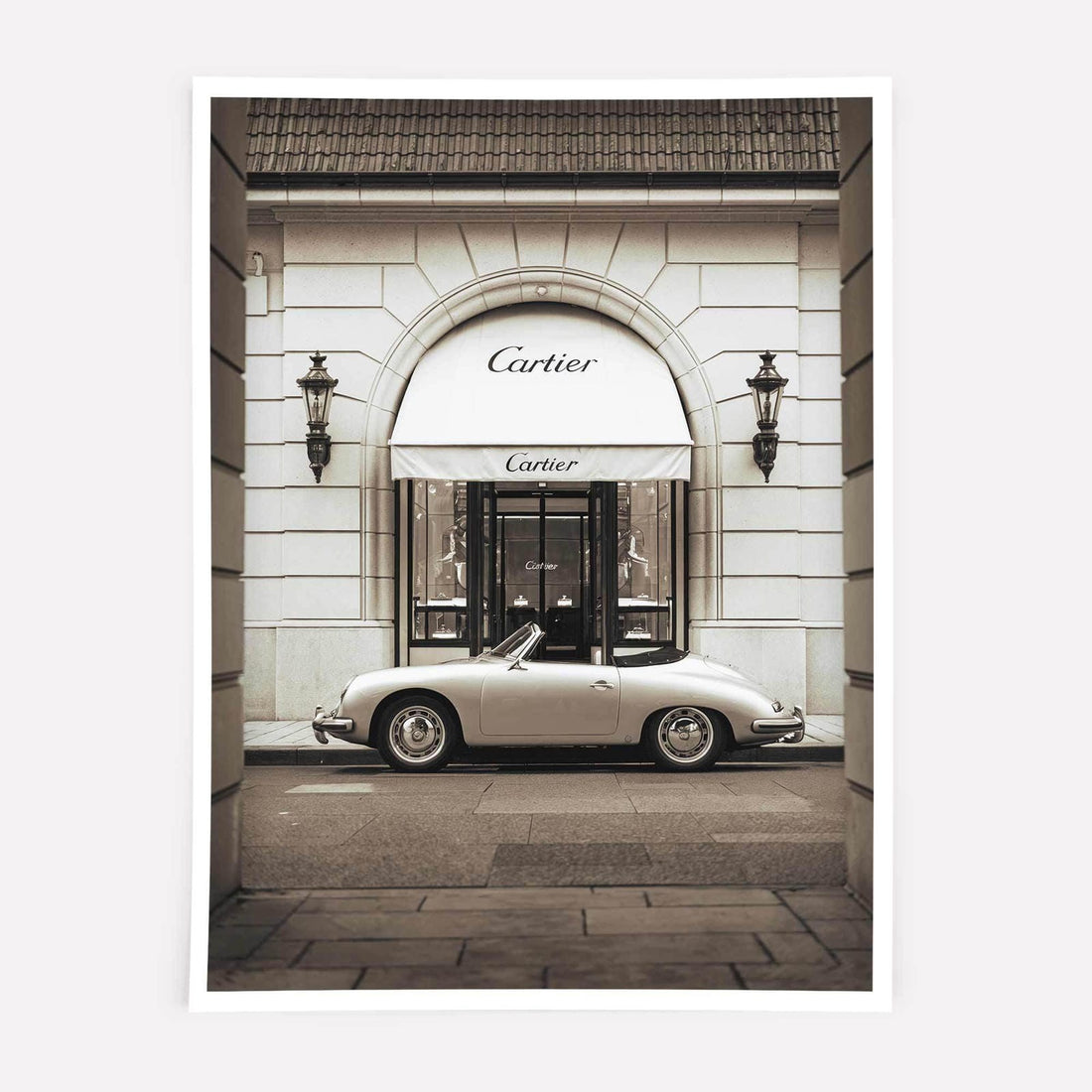 Luxury fashion poster featuring a vintage Porsche parked outside a Cartier store