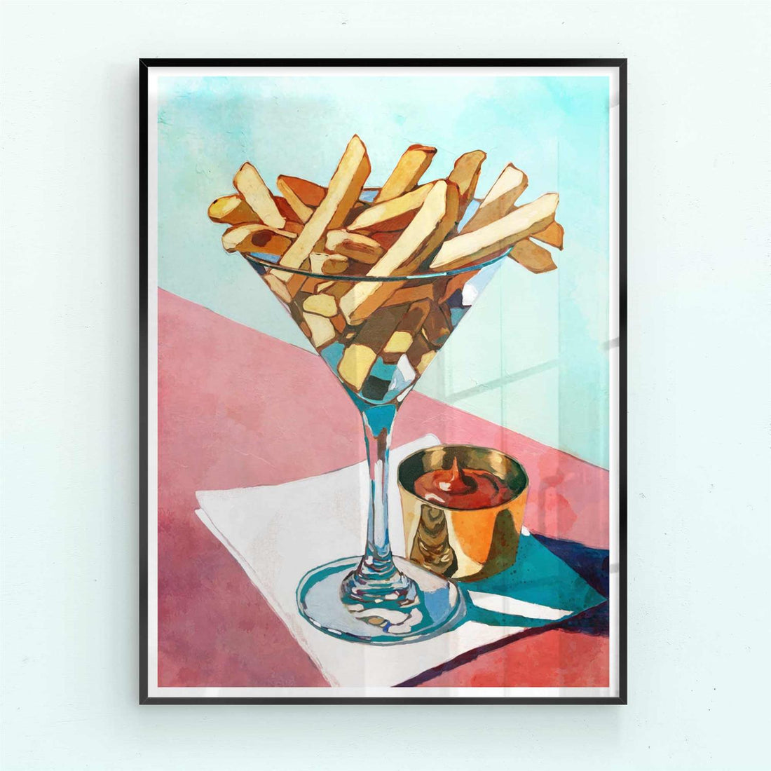 Framed artwork of French fries in a martini glass on a colorful background black frame