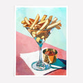 Artistic depiction of French fries in a martini glass with a small cup of ketchup on a colorful background 