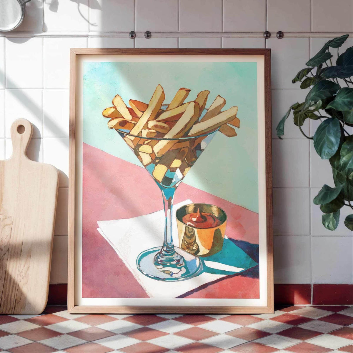 Eclectic Kitchen Wall Art Print Framed artwork of French fries in a martini glass on a colorful background black frame
