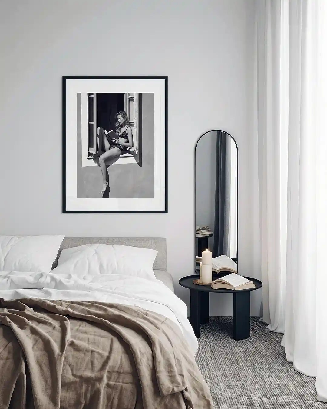 black framed poster print featuring window seat artwork with monochrome tones and luxury bedroom aesthetic by AfterHours Gallery