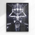 Person wearing a reflective outfit with a disco ball on a white background - black frame