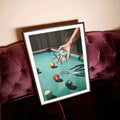 Retro Pool Table Wall Art, Martini Cocktail Poster, Bar Cart Decor, Vintage Glam Print on velvet sofa