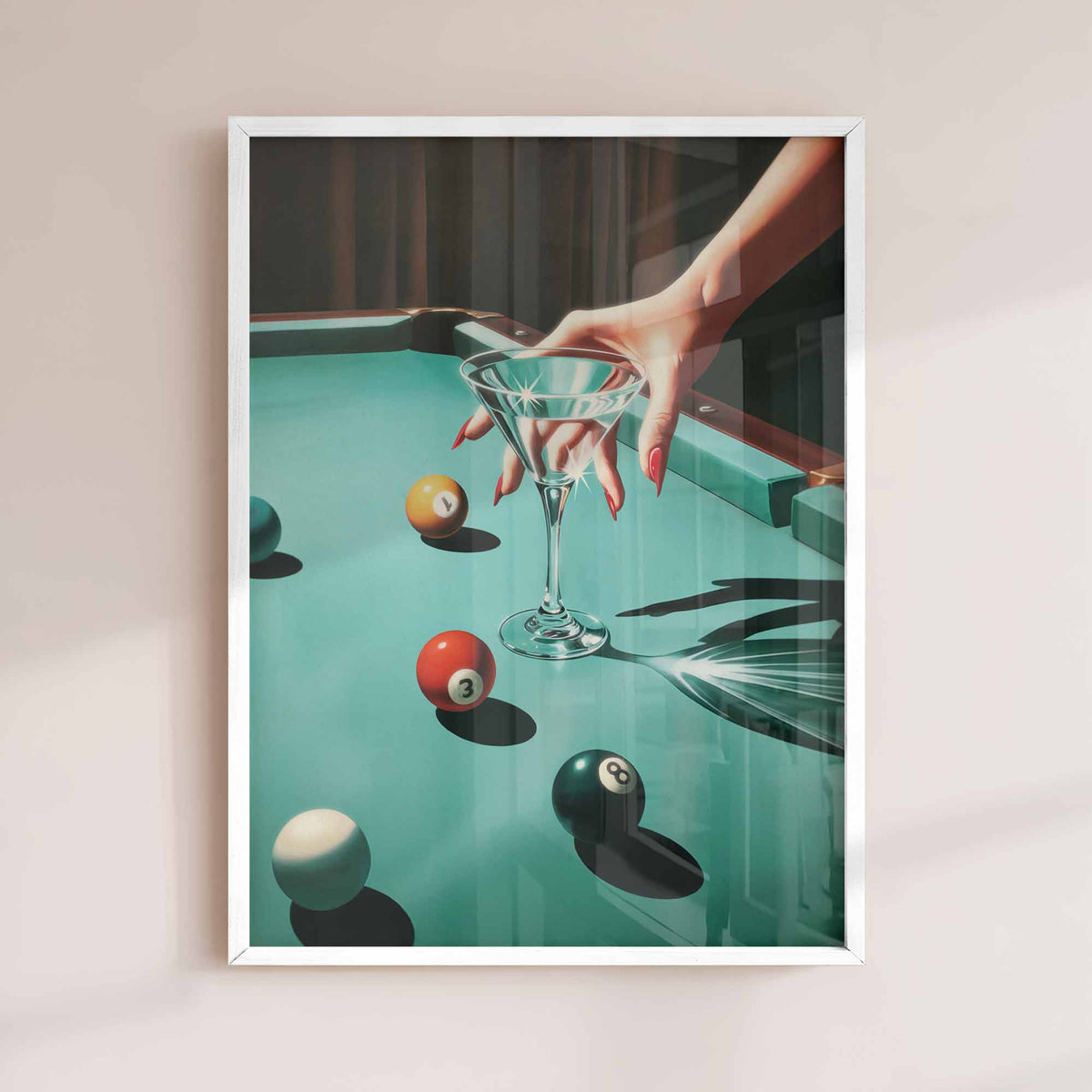 Retro Pool Table Wall Art, Martini Cocktail Poster, Bar Cart Decor, Vintage Glam white frame print