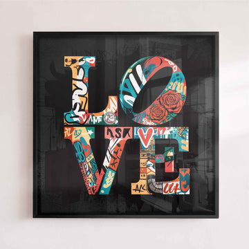 Graffiti Love print featuring colourful street art typography with layered tags and bold urban textures on a dark background