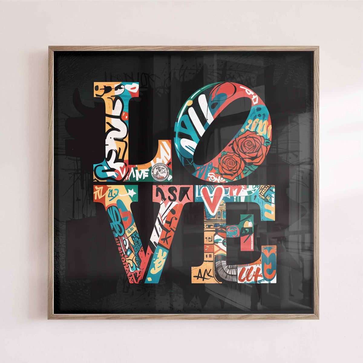 Graffiti Love print in an oak wood frame with colourful graffiti typography and rich urban textures