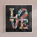 Graffiti Love print in an oak wood frame with colourful graffiti typography and rich urban textures