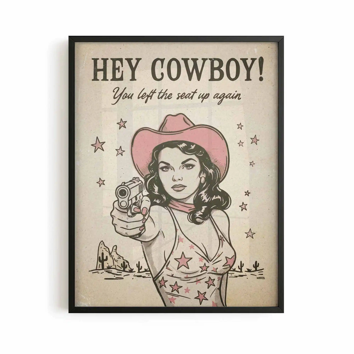 Funny western bathroom wall art featuring retro cowgirl illustration and playful cowboy humour. Perfect for ranch homes and western decor.