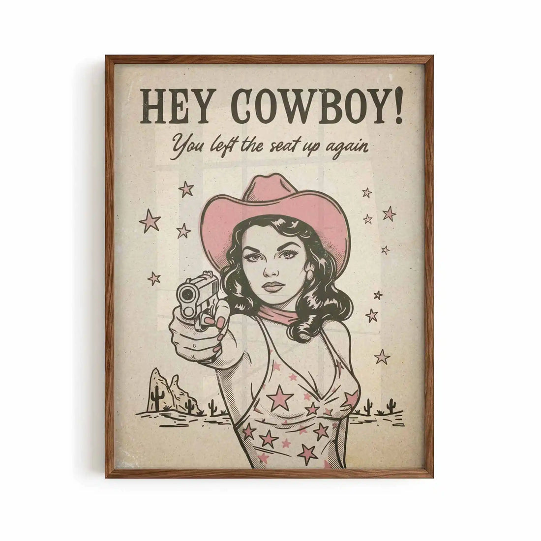 Vintage western cowgirl framed print with funny slogan. Bathroom, toilet wall art print by Afterhours Gallery