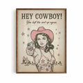 Vintage western cowgirl framed print with funny slogan. Bathroom, toilet wall art print by Afterhours Gallery