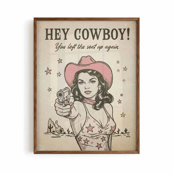 Vintage western cowgirl framed print with funny slogan. Bathroom, toilet wall art print by Afterhours Gallery
