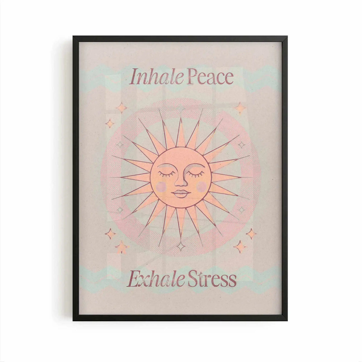 Inhale Peace, Exhale Stress mindfulness wall art print displayed in a minimalist black frame with warm neutral tones.
