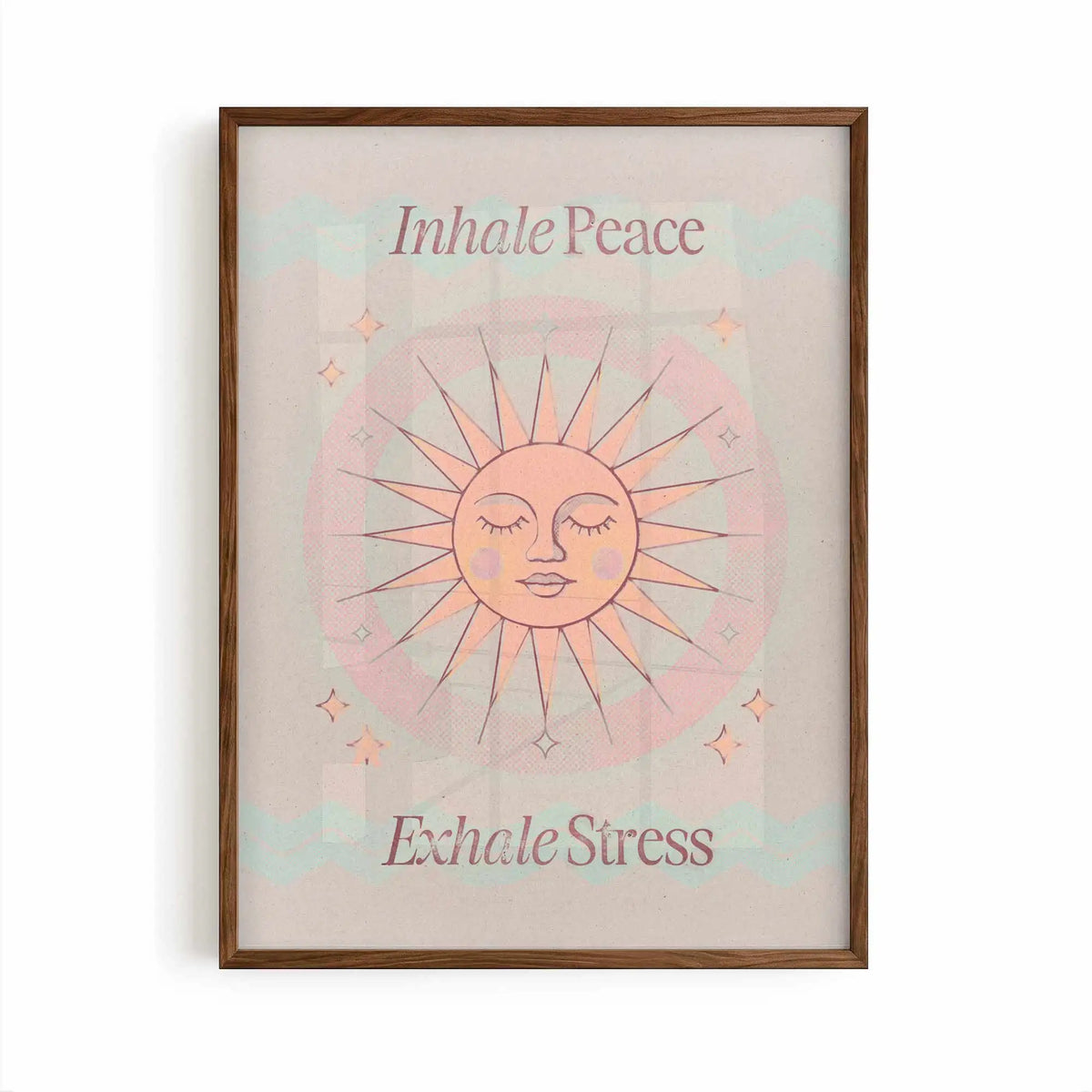 Inhale Peace, Exhale Stress mindfulness wall art print displayed in a minimalist brown frame with warm neutral tones.