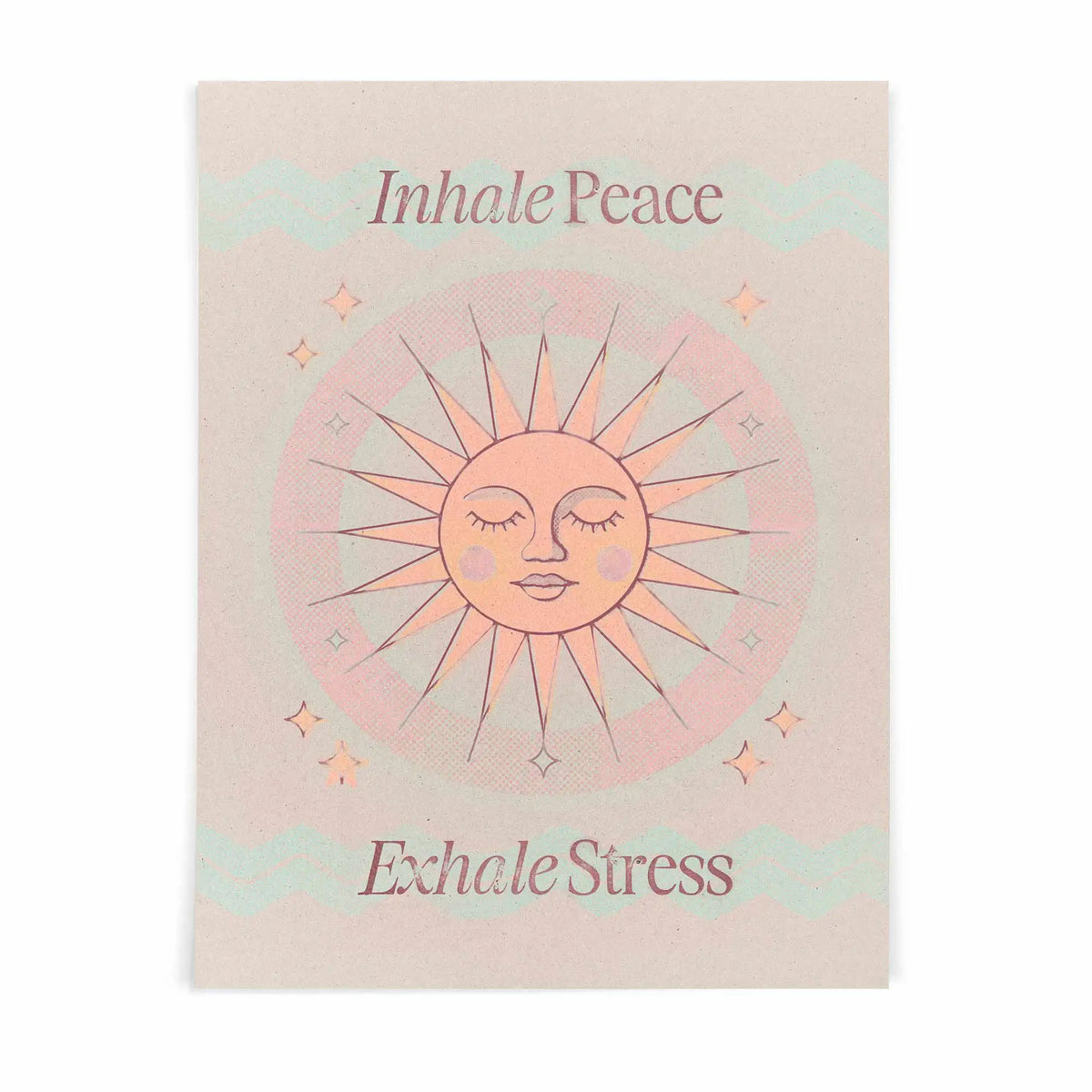 Minimalist mindfulness wall art print reading Inhale Peace, Exhale Stress in soft ivory, cream, beige and blush neutral tones.
