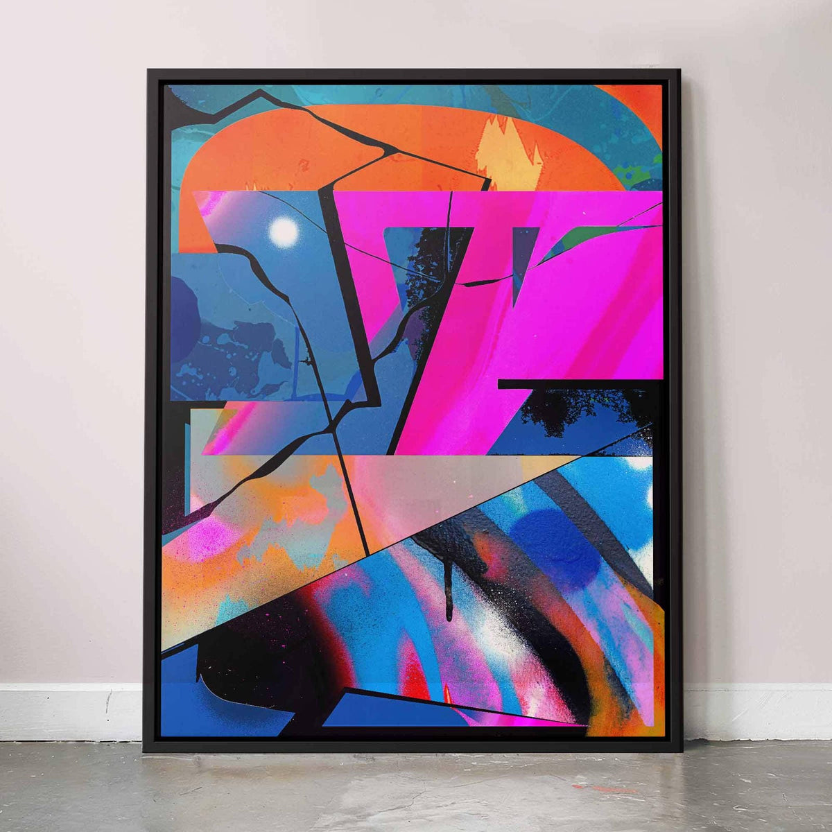 Neon abstract geometric jungle art canvas in black frame