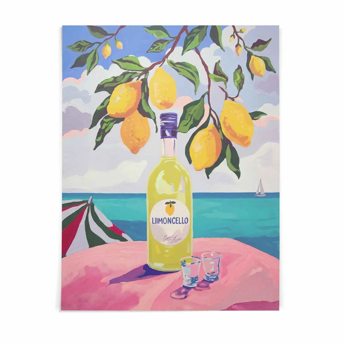 limoncello wall art print featuring lemons bottle and mediterranean coastal scenery for italian kitchen decor Afterhours Gallery