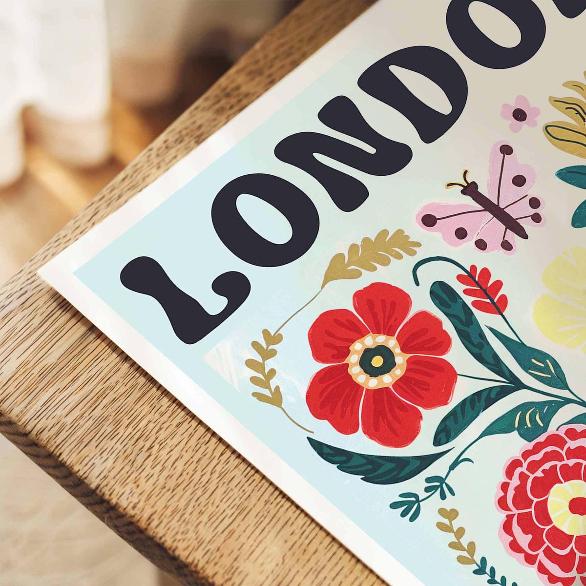 Detail close-up of colourful floral artwork