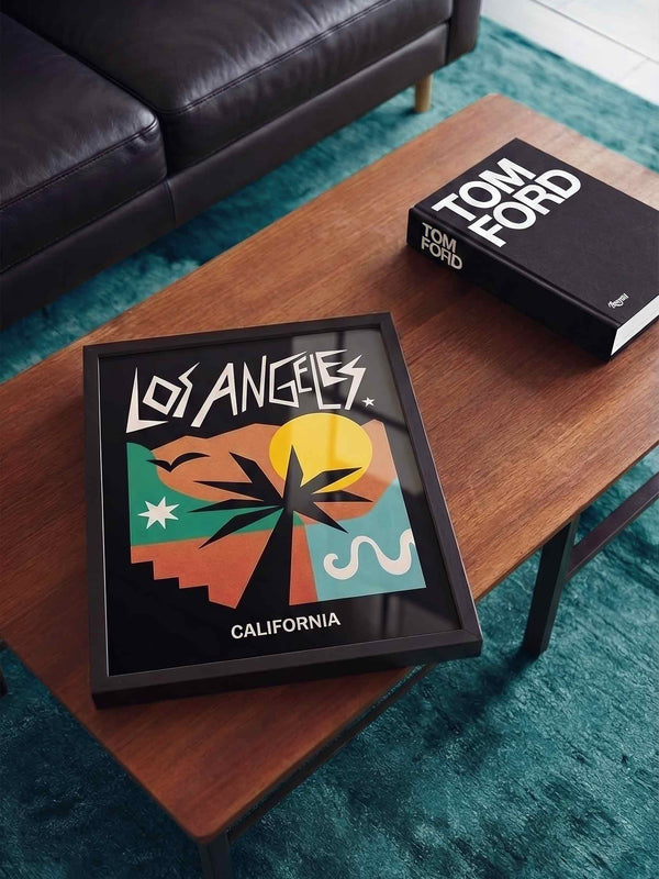 retro los angeles wall art styled in contemporary neutral living room interior