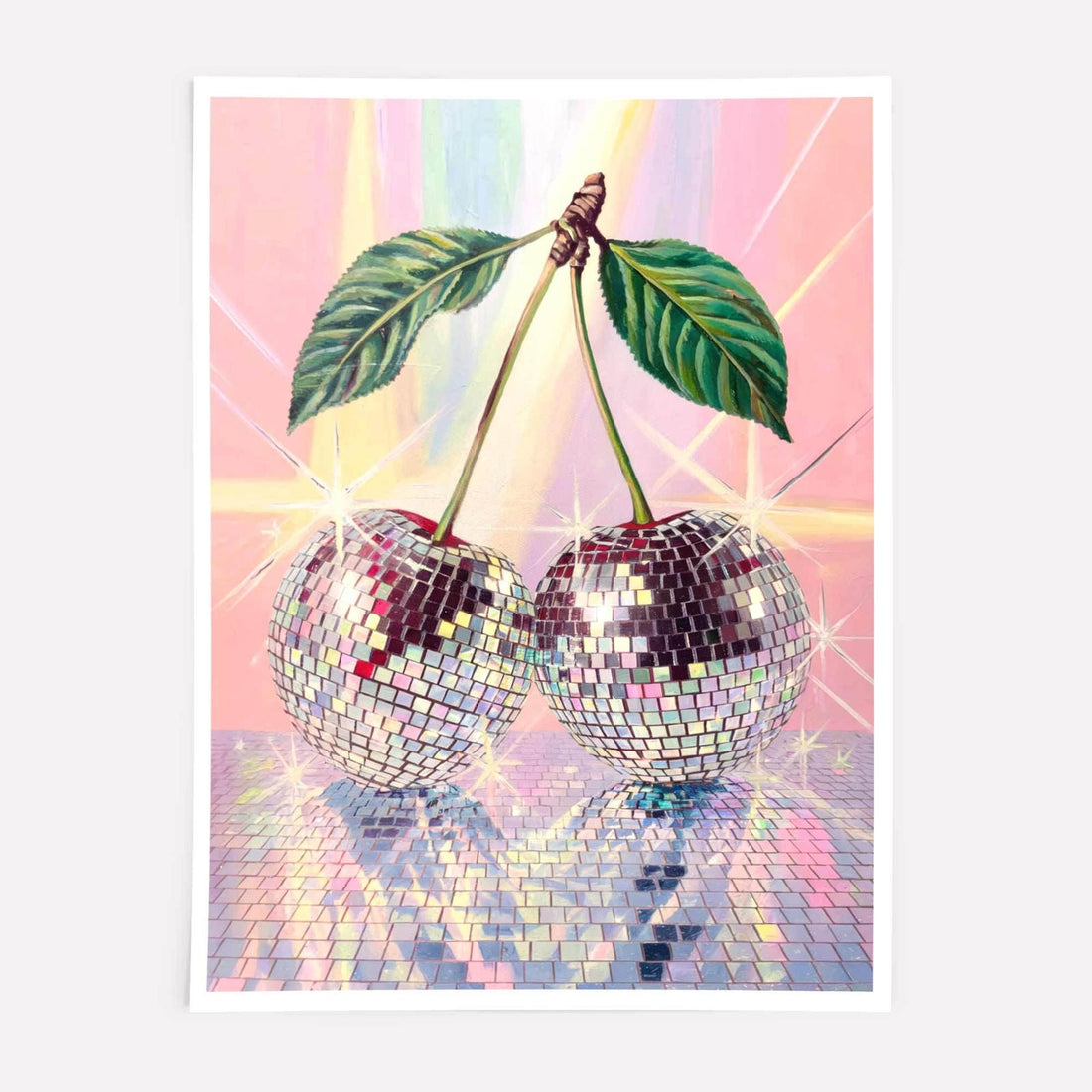 Disco Cherry art print ? vibrant mirrorball cherries with a retro pastel background.