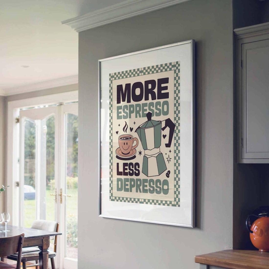 More Espresso Less Depresso brown and cream oak framed coffee poster for mid century interiors by Afterhours Gallery