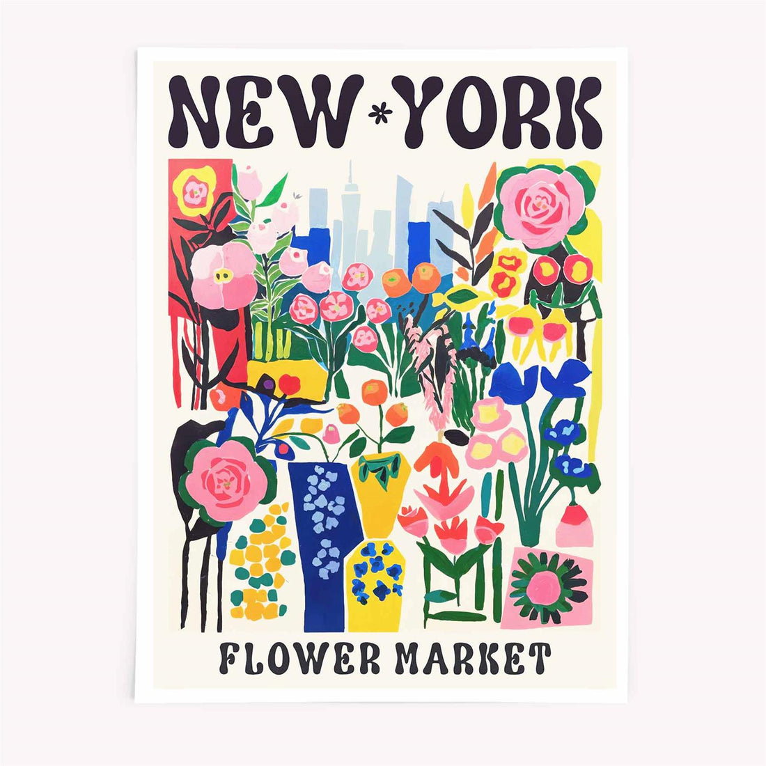 Framed New York flower art in black frame