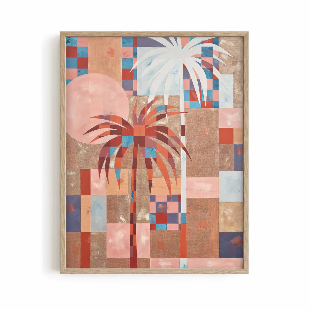 Palm Mirage oak frame desert inspired, Boho Summer textured wall art framed oak
