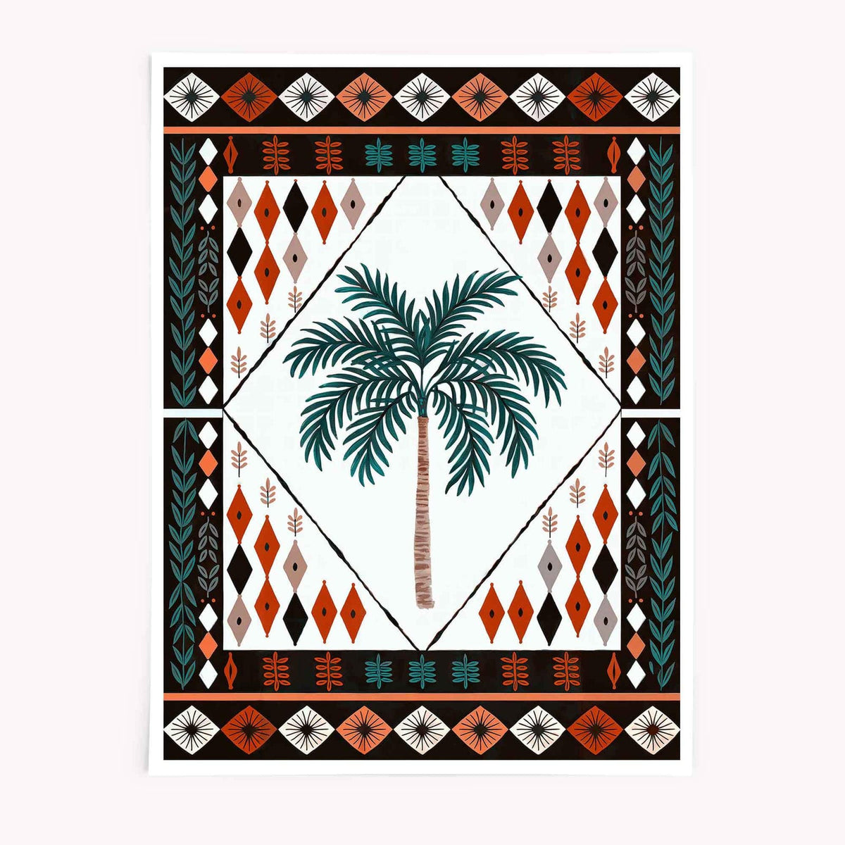 Boho Moroccan palm tree print with diamond border by Afterhours Gallery