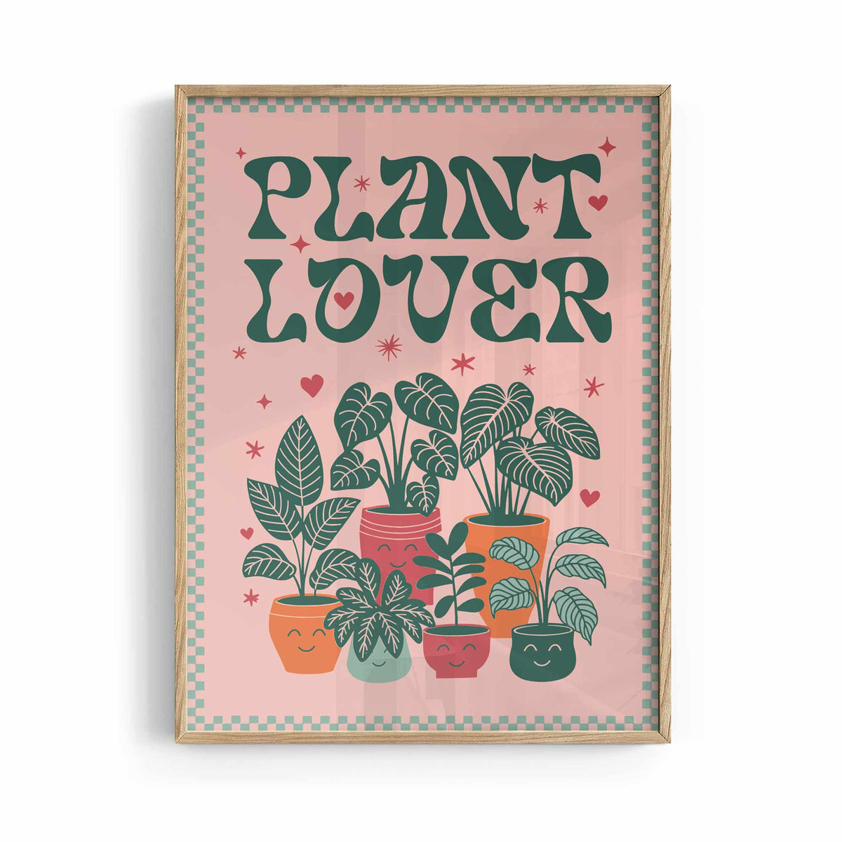 Plant Lover poster retro botanical wall art oak frame