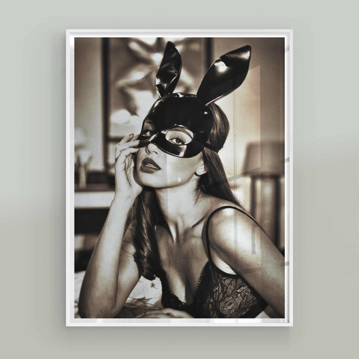 Elegant noir bedroom décor featuring a seductive bunny girl on a white frame
