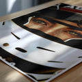 Close-up of retro grid girl in racing helmet, intense eyes staring