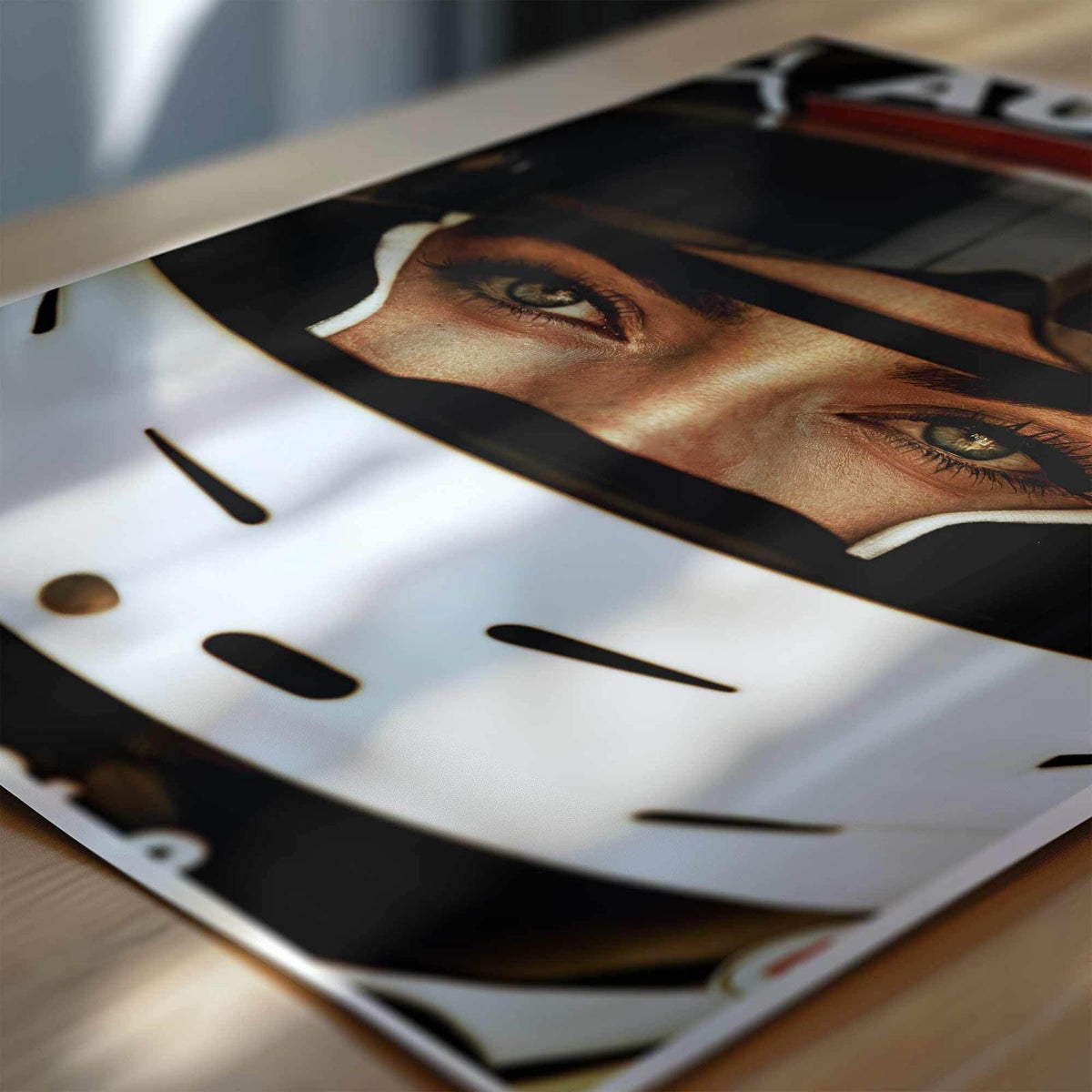 Close-up of retro grid girl in racing helmet, intense eyes staring