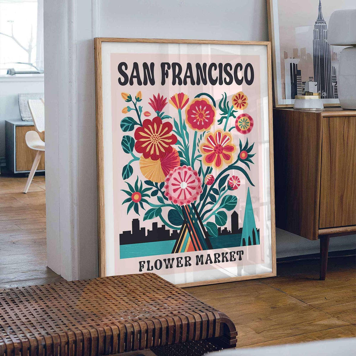 Flower art styled in boho interior