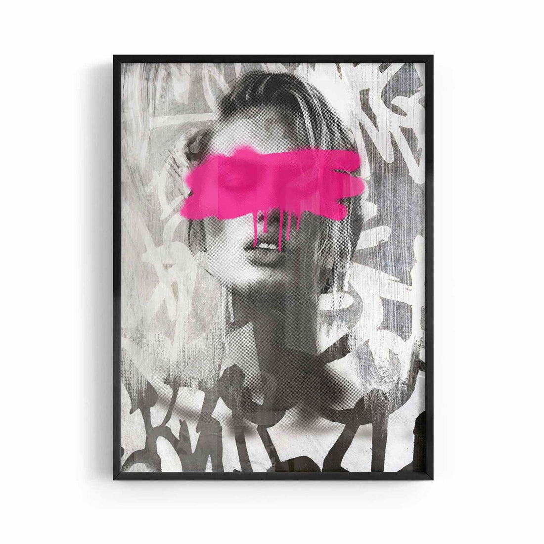 Pink Noise black framed street art print displayed in a contemporary industrial living room | After Hours Gallery
