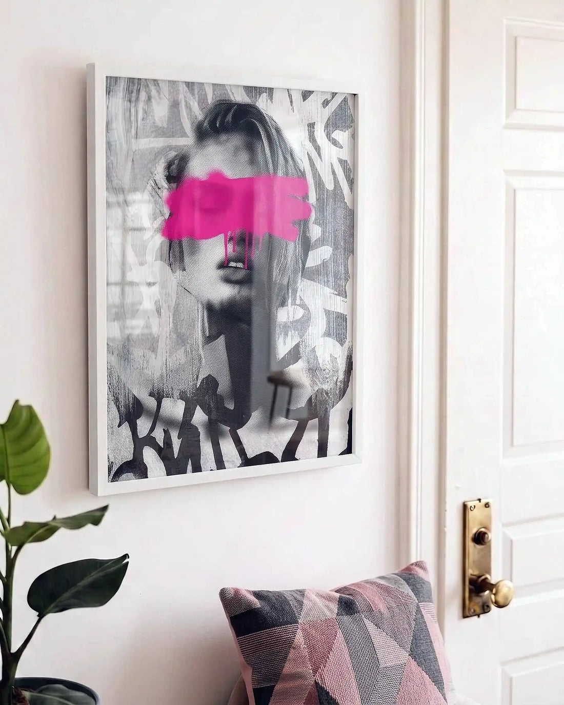 Pink Noise black framed street art print displayed in a contemporary industrial living room | After Hours Gallery