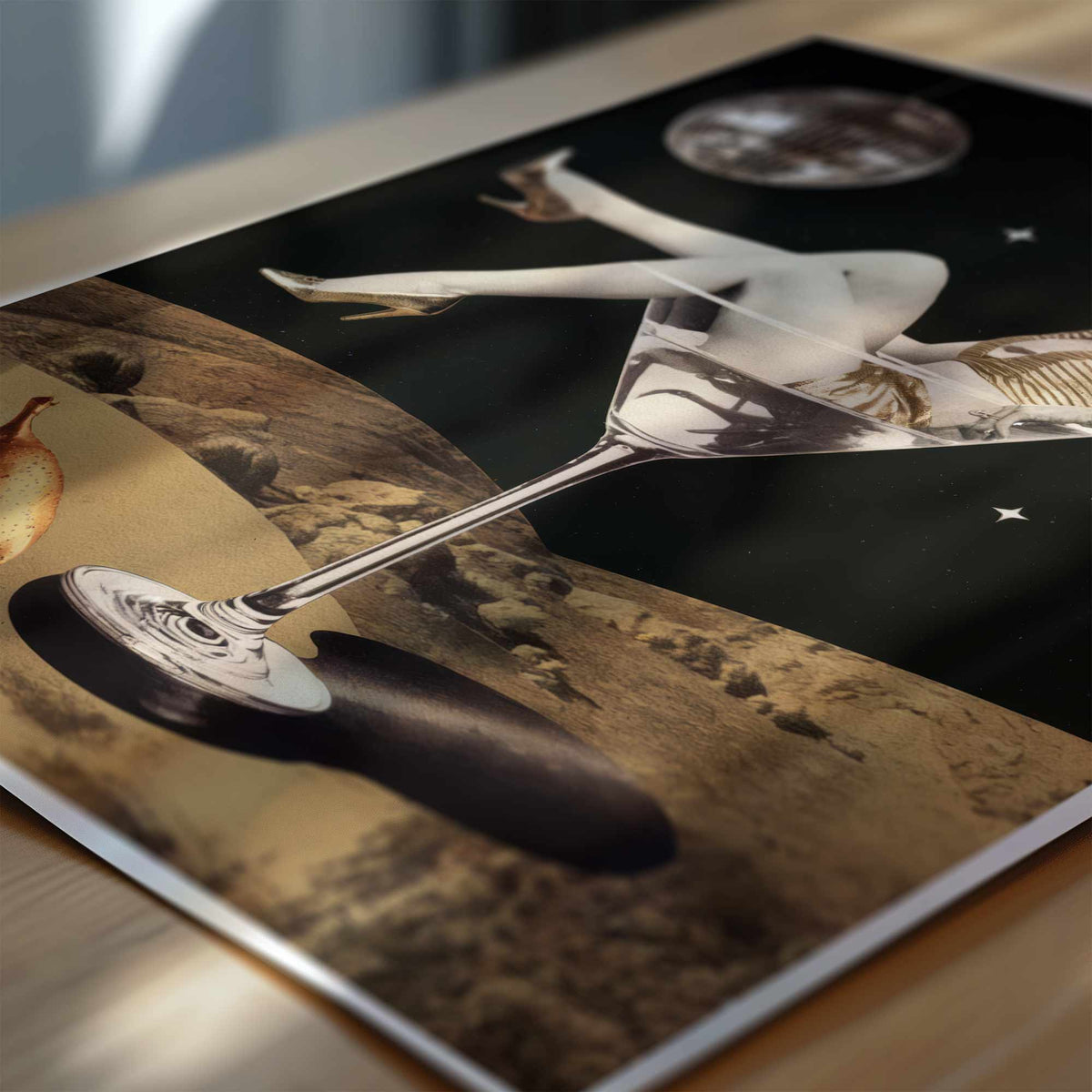 Close-up of a glamorous retro girl in gold heels sitting in a martini glass ? quirky wall art print.