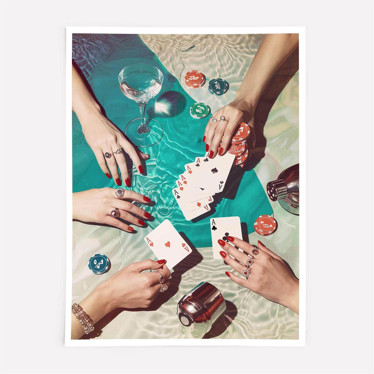 Four hands playing cards with drinks and chips on a pool table on print only