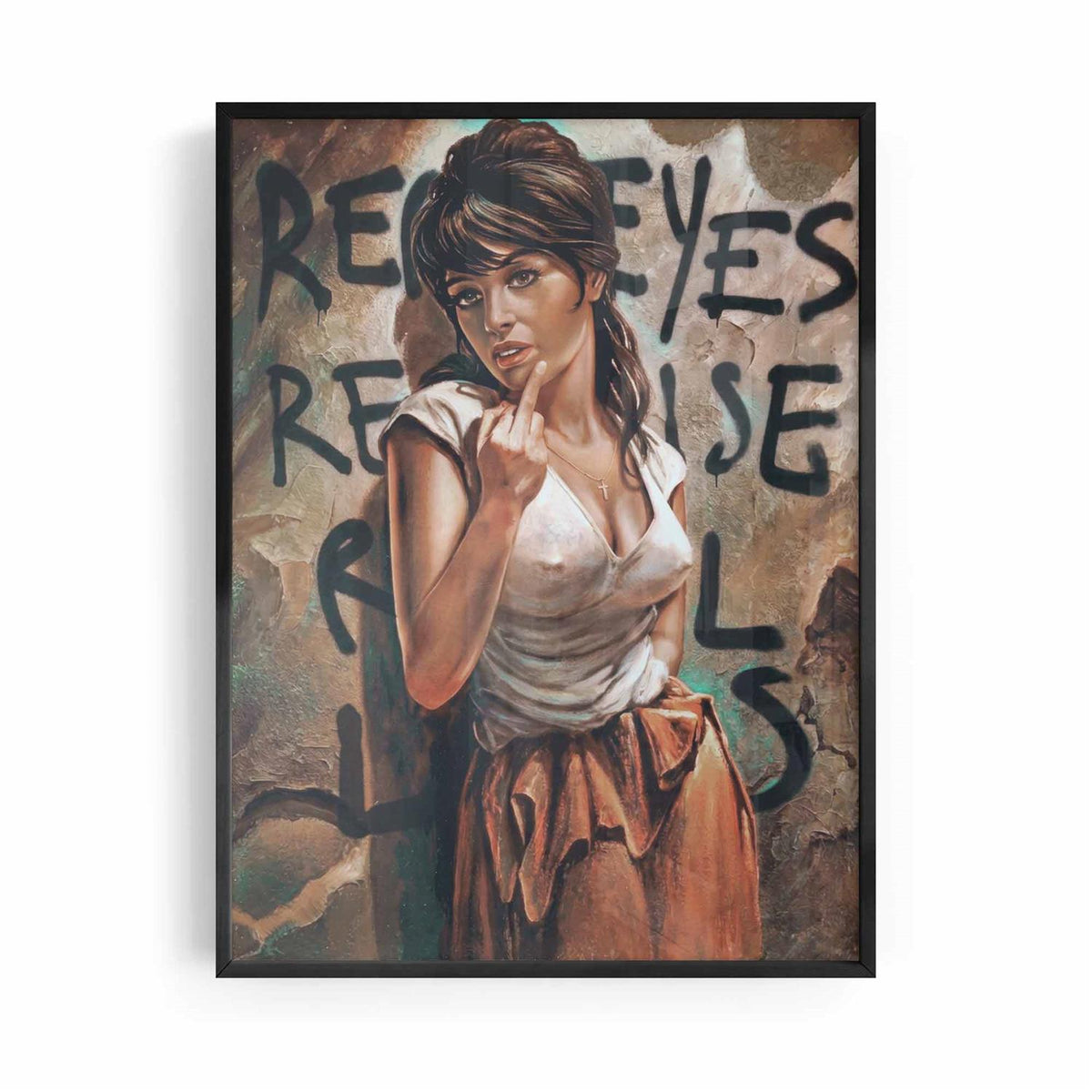 Real Eyes, Real Lies black framed altered vintage portrait artwork styled for a contemporary living room | After Hours Gallery